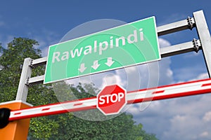 Road closure near Rawalpindi, Pakistan road sign. Coronavirus or some other disease quarantine related 3D rendering