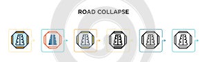 Road collapse vector icon in 6 different modern styles. Black, two colored road collapse icons designed in filled, outline, line