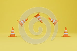 road cones, fences. travel cones flying on a yellow background. 3D render