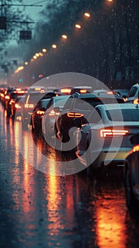 Road congestion, car traffic jam, bad weather and rain
