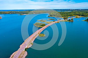 Road connecting remote islands at Aland archipelago in Finland