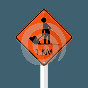 symbol road construction ahead 1km.Sign isolated on grey sky background.Vector illustration