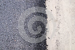 Road construction asphalt road by worker and roller machine. Asphalt road background