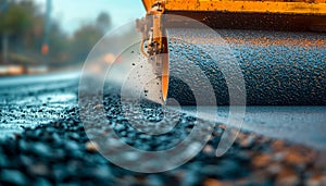 Road construction with asphalt roller compacting fresh asphalt on road surface