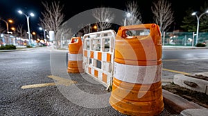 Road construction cones and barrier at night on empty street.