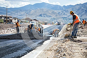 Road Construction Crew Paving New Asphalt on Roadbed in Las Vegas, Nevada, USA