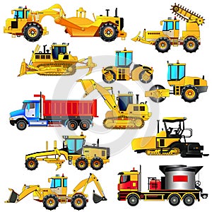 Road construction equipment set. Vector icons, isolated