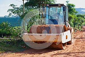 Road construction machinery in the village
