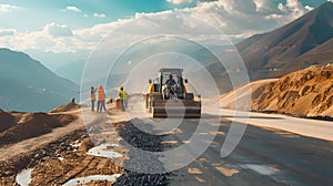 Road Construction in Mountainous Landscape, Workers and Machinery at Work. Clear Sky, Modern Infrastructure Development