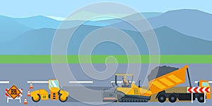 Road construction and road repair banner. Asphalt compactor road under construction repair road signs. Vector