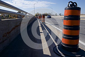 Road construction safety cones on a bridge construction