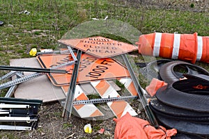 Road construction signs, pylons and other accessories