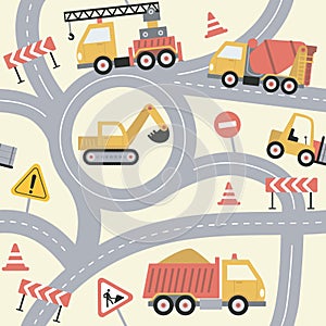 Road construction site in cartoon style. Cute children\'s seamless pattern