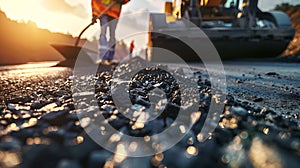 Road construction site at sunset with workers and machinery. Vivid, dynamic outdoor construction scene capturing a