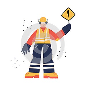 Road construction Worker with danger sign photo