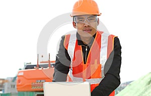 Road construction worker with laptop