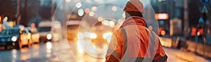 Road construction worker in reflective vest and helmet on reconstruction site at night, back view, concept of city