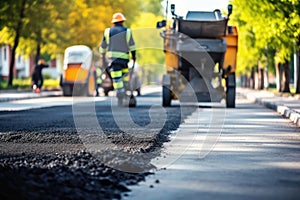 Road Construction Workers, Construction Site is Laying New Asphalt Road Pavement, Generative AI Illustration