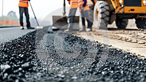 Road construction workers teamwork tarmac laying work