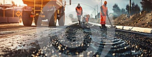 Road construction workers teamwork tarmac laying work