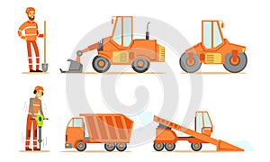 Road Construction Workers in Uniform and Industrial Machines, Bulldozer, Heavy Truck, Tractor, Paver Set Vector