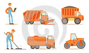 Road Construction Workers in Uniform and Industrial Machines, Heavy Trucks, Tractor Set Vector Illustration