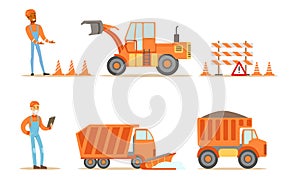Road Construction Workers in Uniform and Industrial Machines Set Vector Illustration