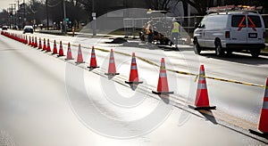 Road Construction Zone with Traffic Cones and Workers