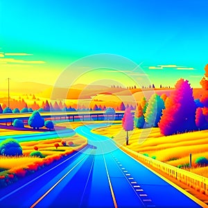 A road through the countryside. An empty blue road with a steep curve.