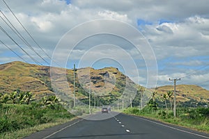 On the road countryside scenery in North of Fijian island of Viti Levu, Fiji