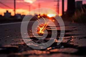 a road with a crack in the middle of it and a fire burning in the middle of it