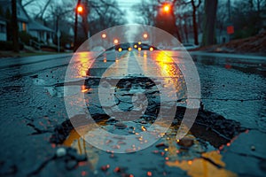 Road crack in the road and car moving on asphalt surface