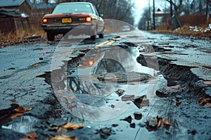 Road crack in the road and car moving on asphalt surface