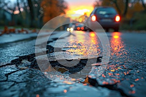 Road crack in the road and car moving on asphalt surface