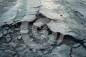 Road crack in the road and car moving on asphalt surface