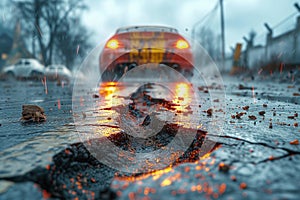 Road crack in the road and car moving on asphalt surface