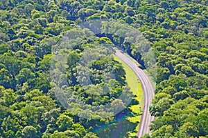 Road crossing the forest. Mata Atlantica preserved with an aerial view. Environmental protection, ecology, clean air. photo