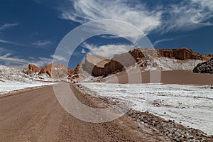 Road crossing Valle de la Luna. Dunes and rock formations covered with salt