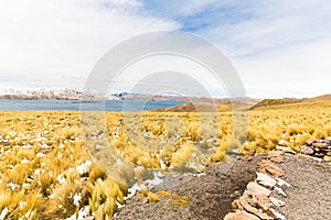 Road Cusco- Puno,Lake Titicaca, Peru,South America. Sacred Valley of the Incas. Spectacular nature of snowy mountains