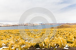 Road Cusco- Puno,Lake Titicaca, Peru,South America. Sacred Valley of Incas. Spectacular nature of snowy mountains and blue s