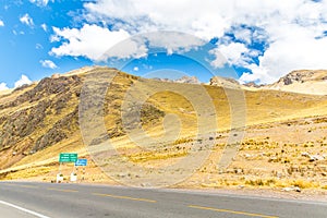 Road Cusco- Puno, Peru,South America. Sacred Valley of the Incas. Spectacular nature of mountains and blue sky