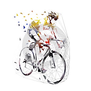 Road cycling, cyclist in yellow jersey, low polygonal vector illustration. Geometric bicycle rider