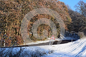 road damage warning sign at the beginning of a curvy forest section