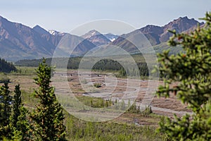 Road through Denali National Park crosses braided river by bridge