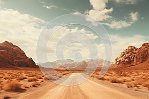 Road in the desert with blue sky and clouds - retro vintage filter, Adventure desert road explore vibe, AI Generated