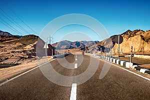 Road in the desert in Egypt. Freeway, highway through the desert