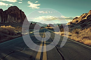 Road through desert landscape with rocks and vegetation at dusk