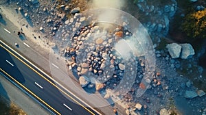 road destroyed by rockfall. natural disaster and catastrophe