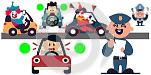 Road distracted clowns happy police write ticket vector graphics illustration