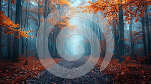 Road in dreamy mystical foggy forest in blue fog in autumn nature background AI generated